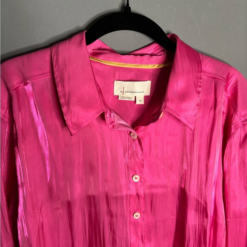 Anthropologie Bright Pink Shimmery Long Sleeve Button Front Blouse Medium - Picture 2 of 7
